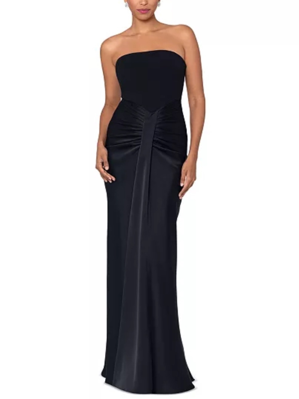 Betsy & Adam Strapless Black Satin Drape-Front Gown
